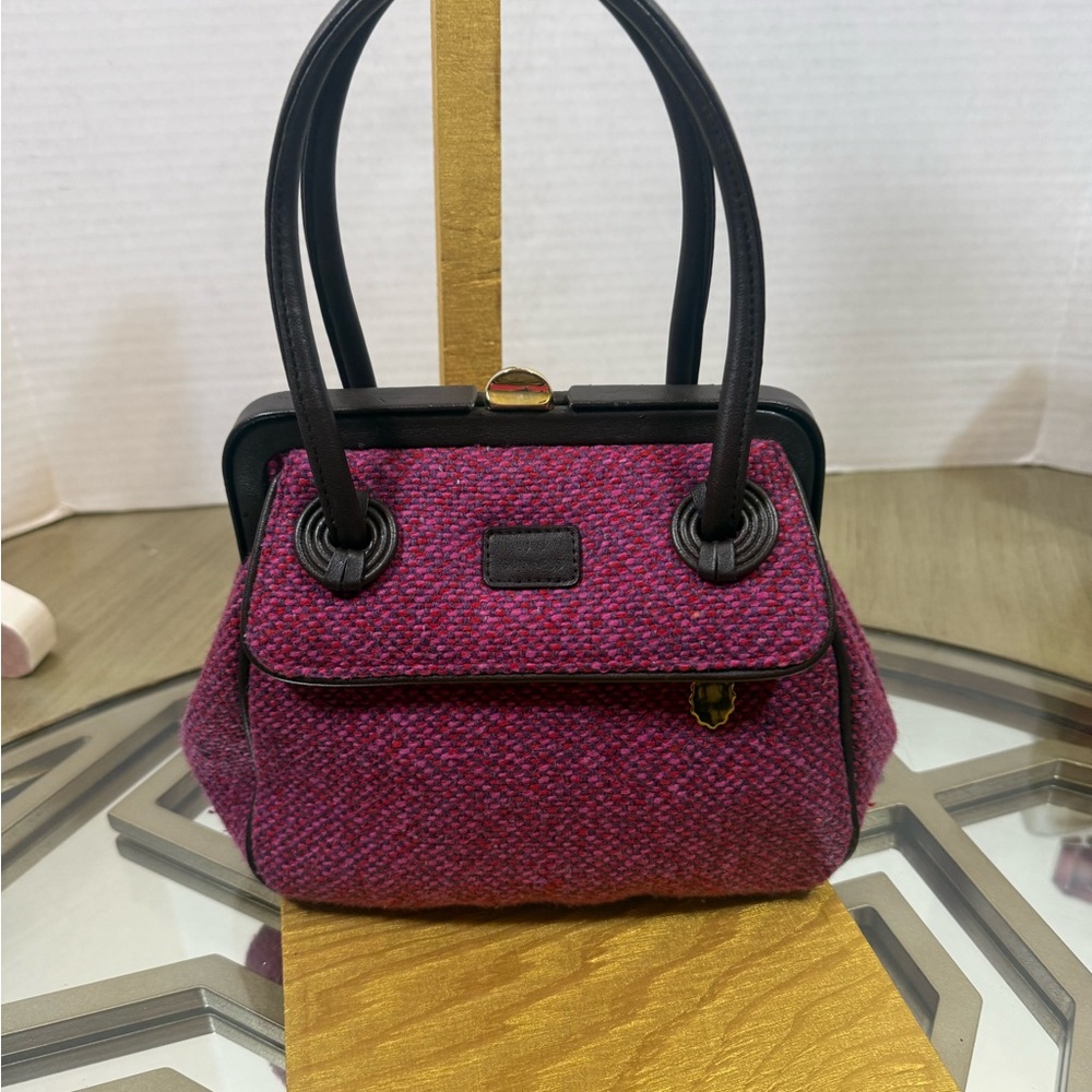 Vintage Lulu Guinness Pink Tweed Top-Handle Satchel with Black Trim